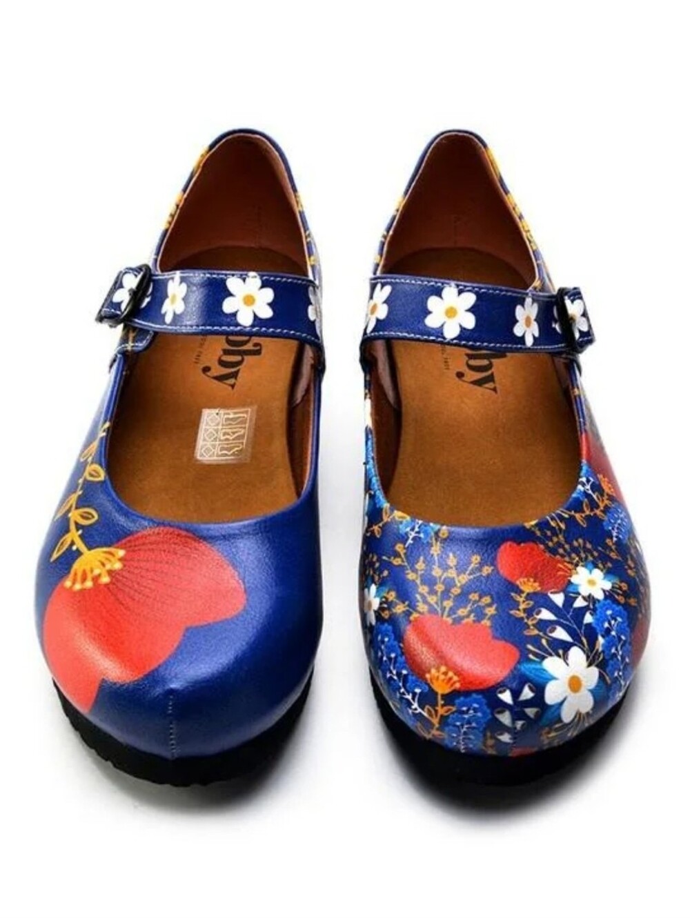 Goby Handmade Floral Mary Jane Flats Blue Printed Buckle Shoes Size 39 EU - NWT!